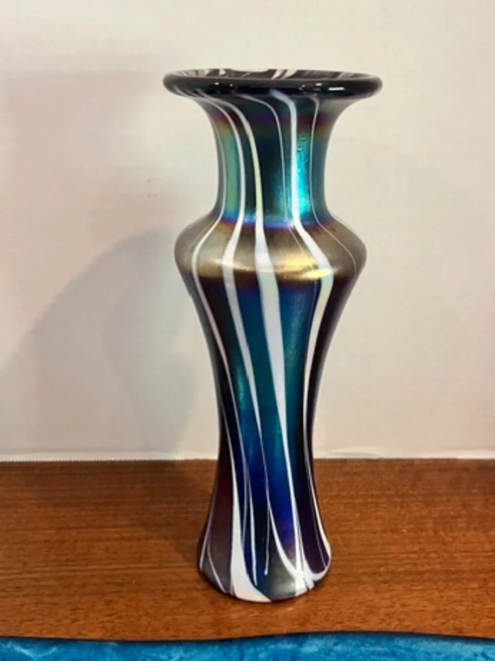 Glass Magic Blue Iridescent Art Glass Pulled Stripe 9.5